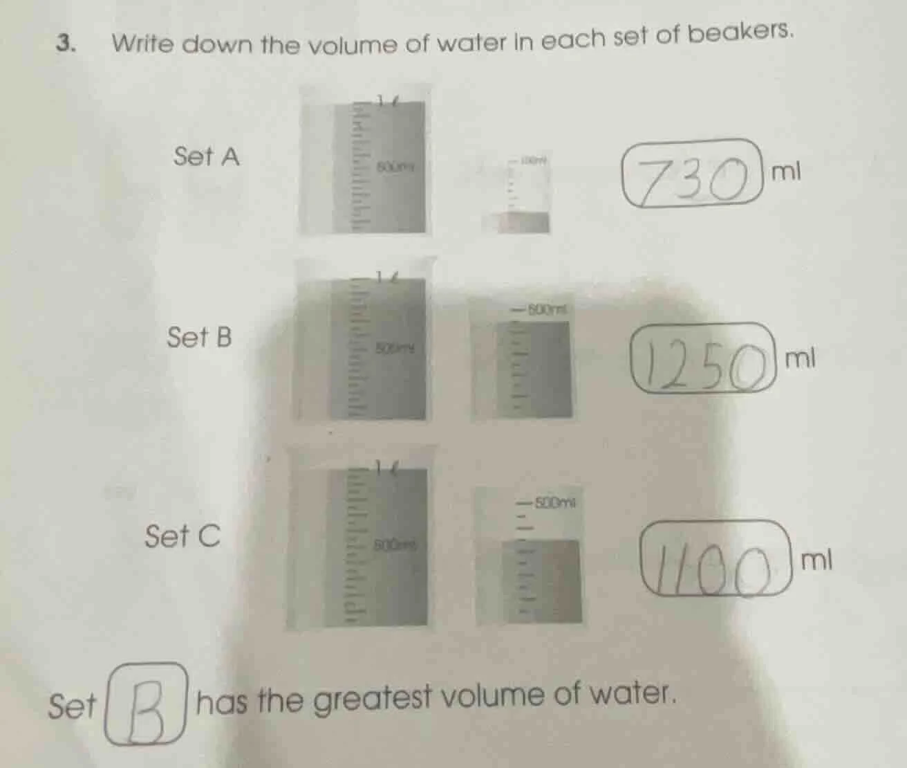 3. write down the volume of water in each set of beakers. set a 730 ml …