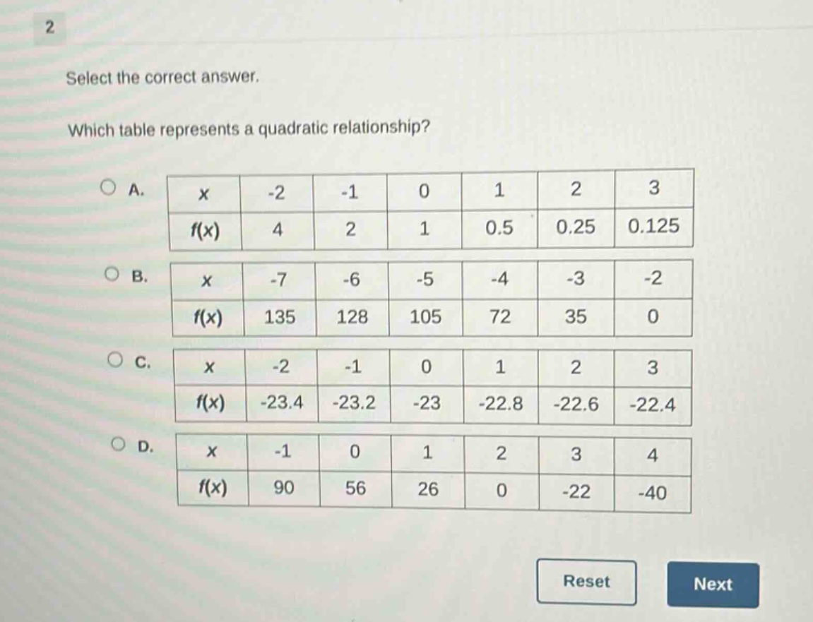 2 select the correct answer. which table represents a quadratic relatio…
