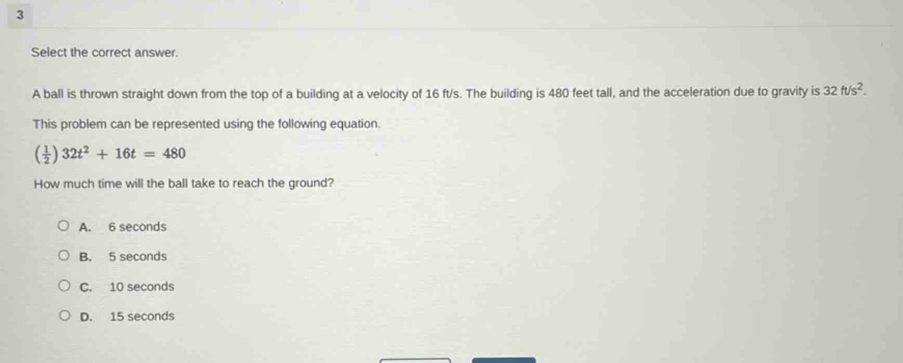 select the correct answer. a ball is thrown straight down from the top …