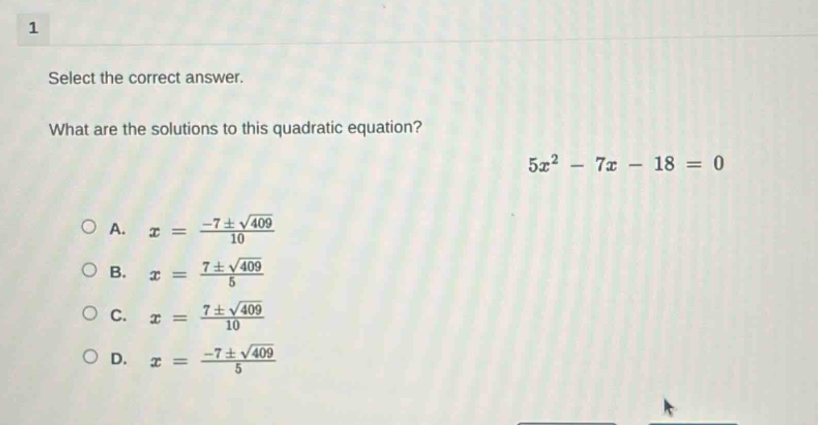 1 select the correct answer. what are the solutions to this quadratic e…