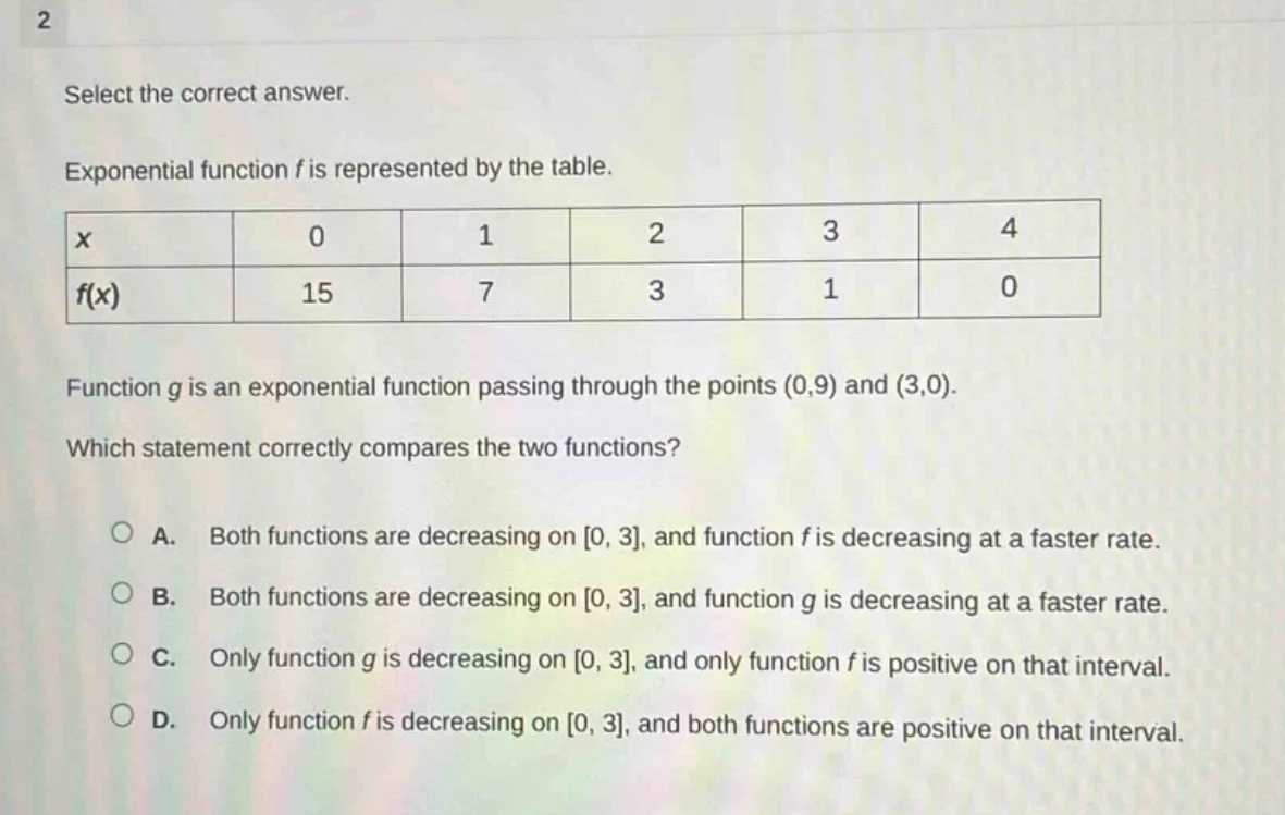 2 select the correct answer. exponential function f is represented by t…