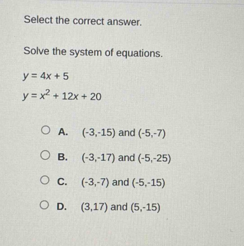 select the correct answer. solve the system of equations. $y = 4x + 5$ …