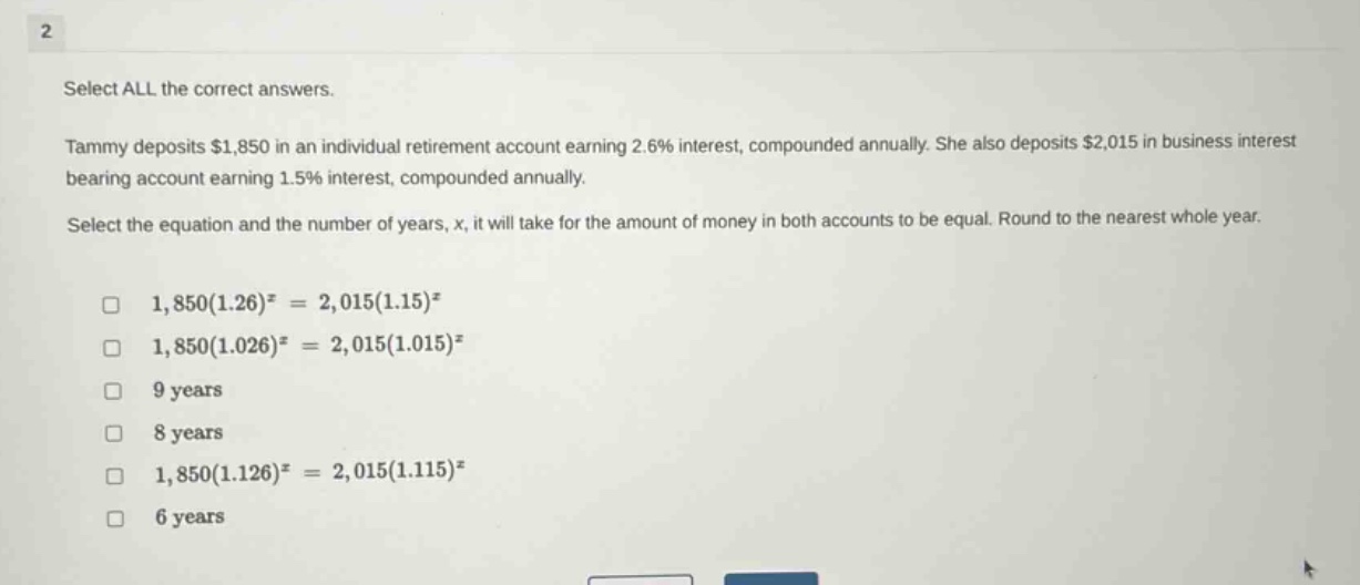 2 select all the correct answers. tammy deposits $1,850 in an individua…