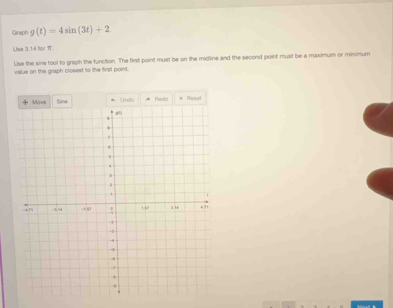 graph $g(t) = 4sin(3t) + 2$. use 3.14 for $pi$. use the sine tool to gr…