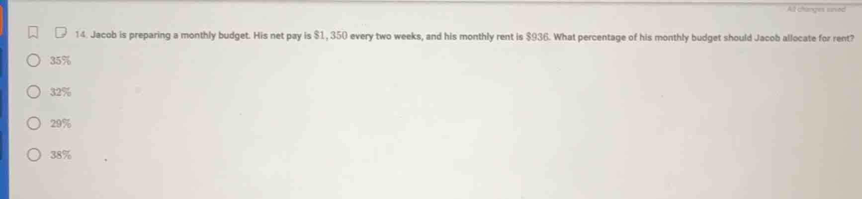 14. jacob is preparing a monthly budget. his net pay is $1,350 every tw…