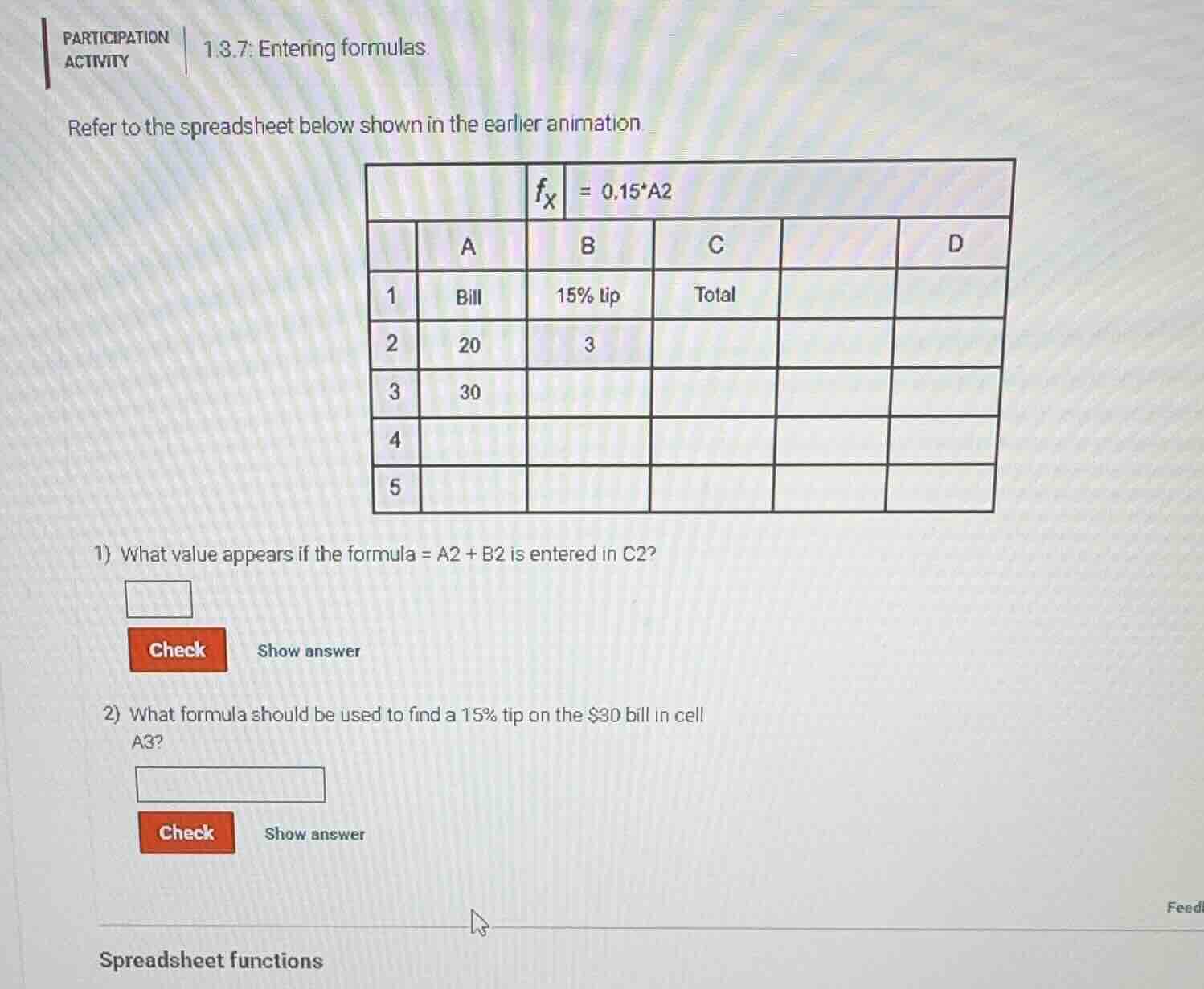 participation activity 1.3.7: entering formulas refer to the spreadshee…