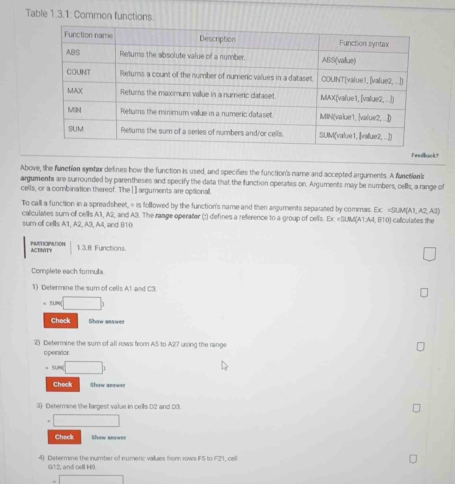 table 1.3.1: common functions. | function name | description | function…