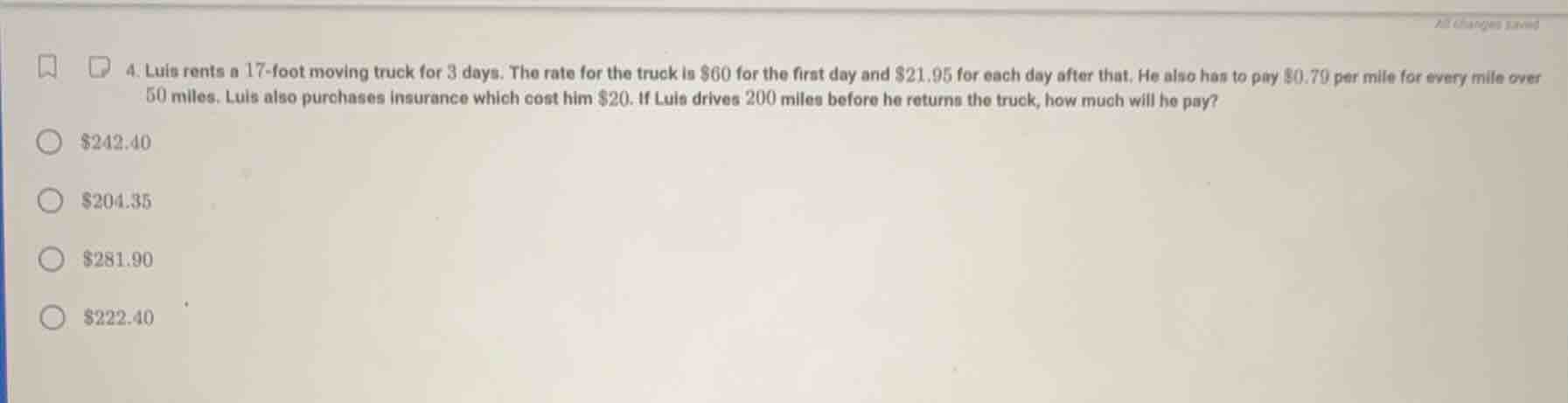 4. luis rents a 17-foot moving truck for 3 days. the rate for the truck…