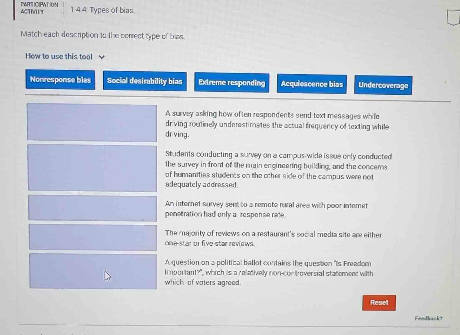 participation activity 1 4.4: types of bias. match each description to …