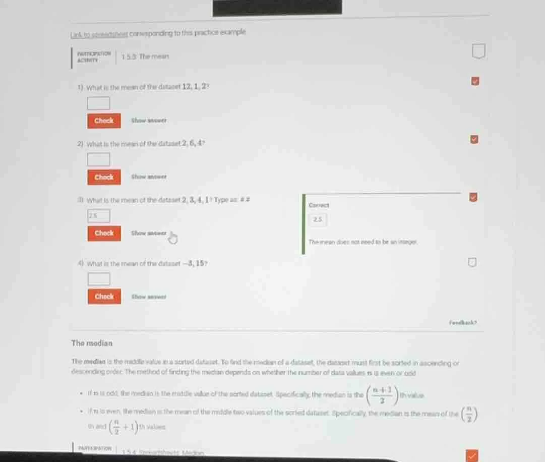 1) what is the mean of the dataset 12, 1, 2? 2) what is the mean of the…