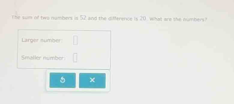 the sum of two numbers is 52 and the difference is 20. what are the num…
