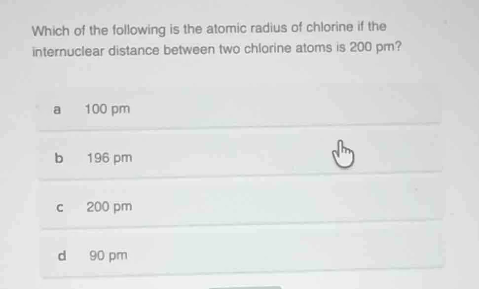 which of the following is the atomic radius of chlorine if the internuc…