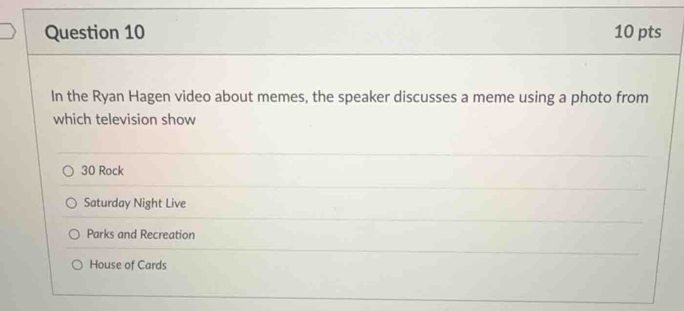 question 10 10 pts in the ryan hagen video about memes, the speaker dis…