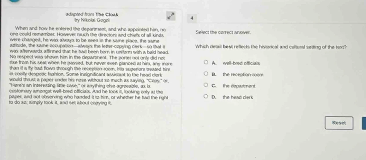 adapted from the cloak by nikolai gogol when and how he entered the dep…