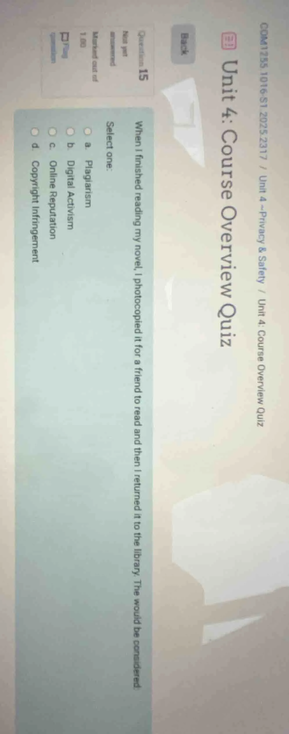 question 15 not yet answered marked out of 1.00 p flag question when i …