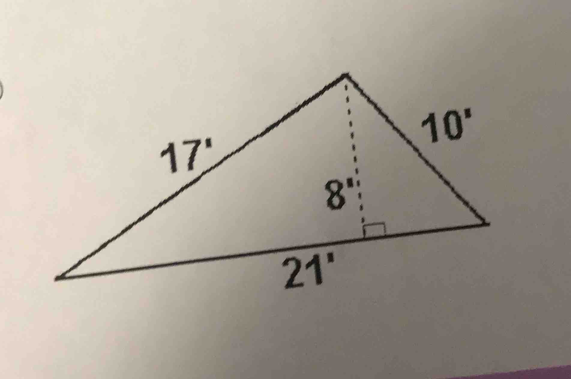 a triangle with side lengths 17, 10, 21 and height 8 (with a right angl…