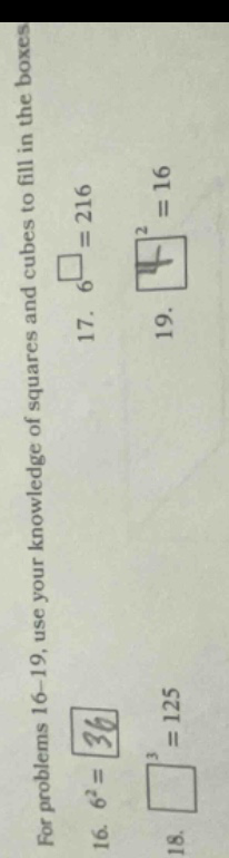 for problems 16 - 19, use your knowledge of squares and cubes to fill i…