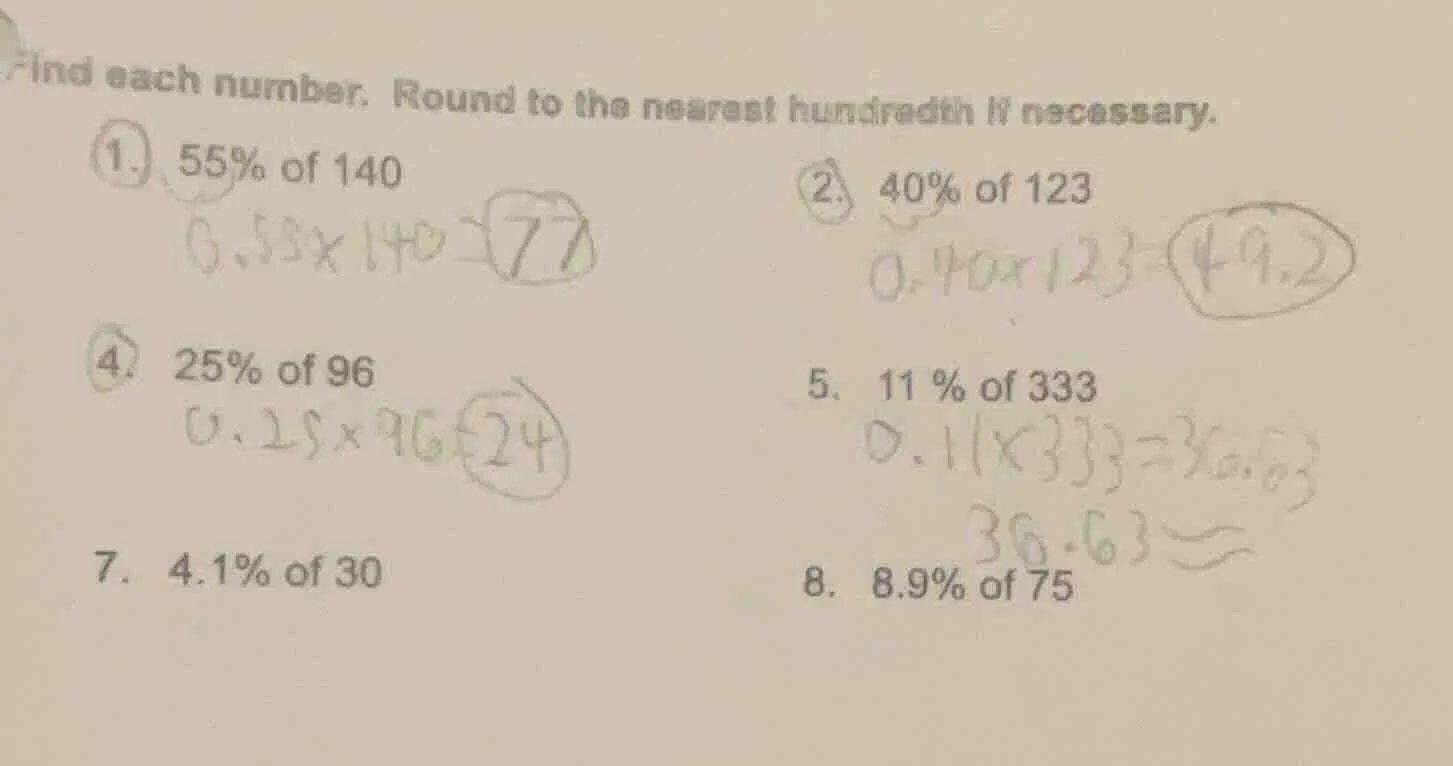 find each number. round to the nearest hundredth if necessary. 1. 55% o…