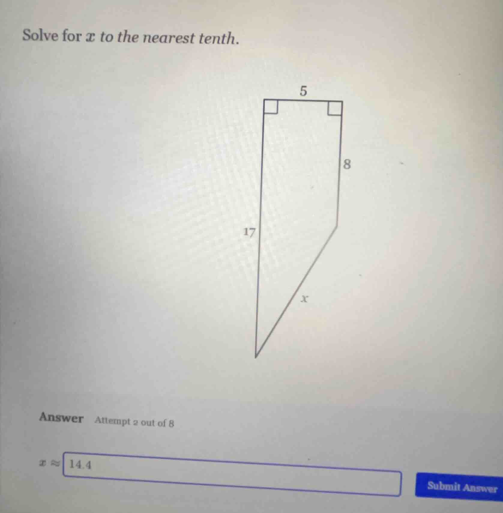 solve for x to the nearest tenth. (image of a geometric figure with sid…