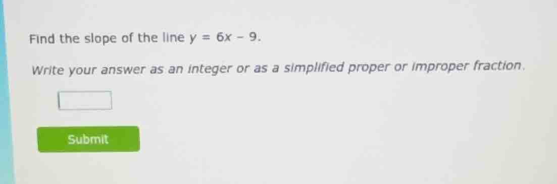 find the slope of the line y = 6x - 9. write your answer as an integer …