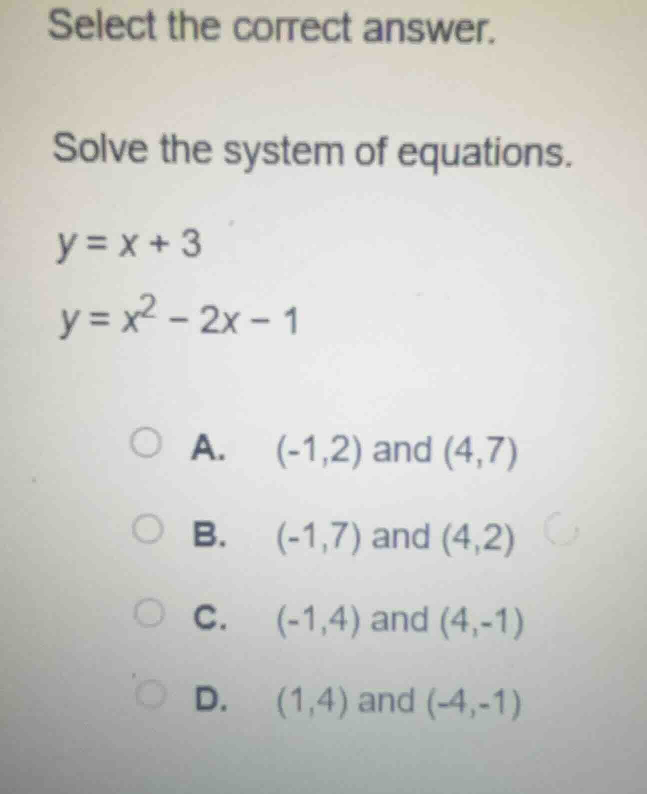 select the correct answer. solve the system of equations. $y = x + 3$ $…