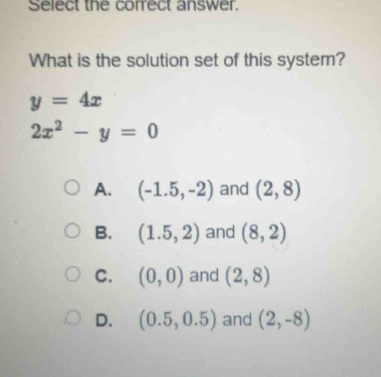 select the correct answer. what is the solution set of this system? y =…