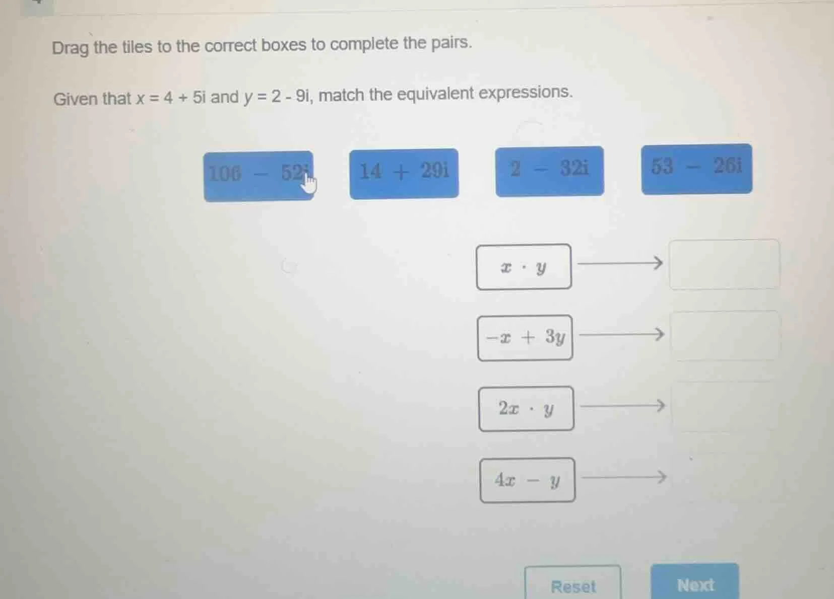 drag the tiles to the correct boxes to complete the pairs. given that x…