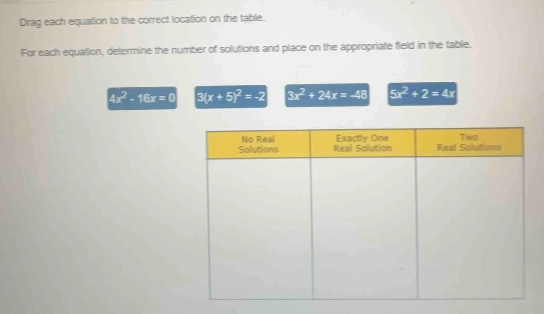 drag each equation to the correct location on the table. for each equat…