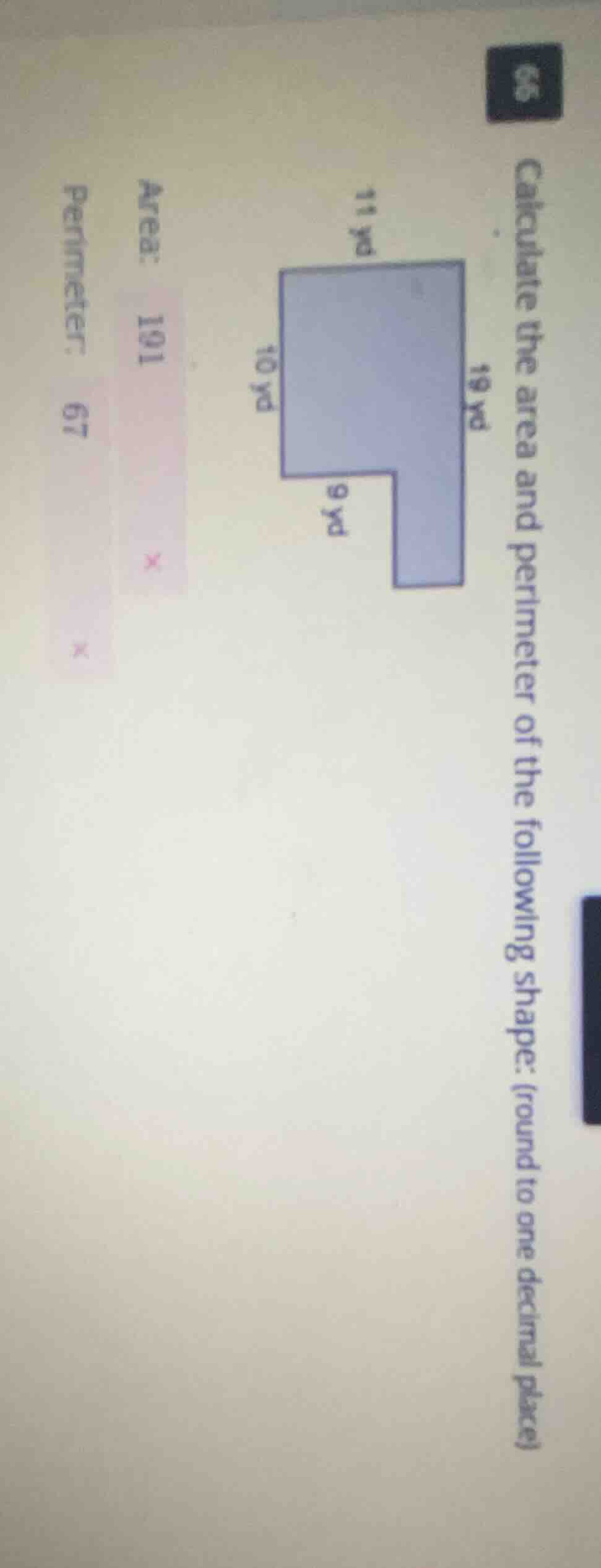 calculate the area and perimeter of the following shape: (round to one …