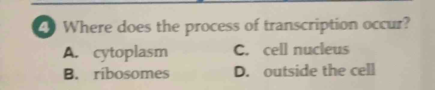4 where does the process of transcription occur? a. cytoplasm c. cell n…