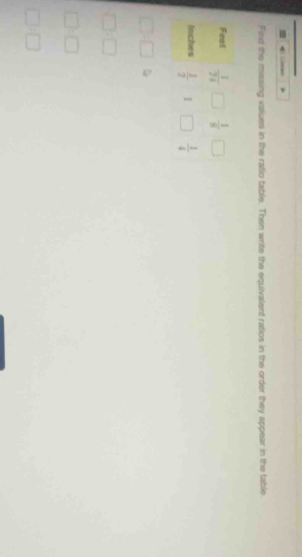 find the missing values in the ratio table. then write the equivalent r…