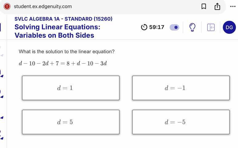 what is the solution to the linear equation? $d - 10 - 2d + 7 = 8 + d -…