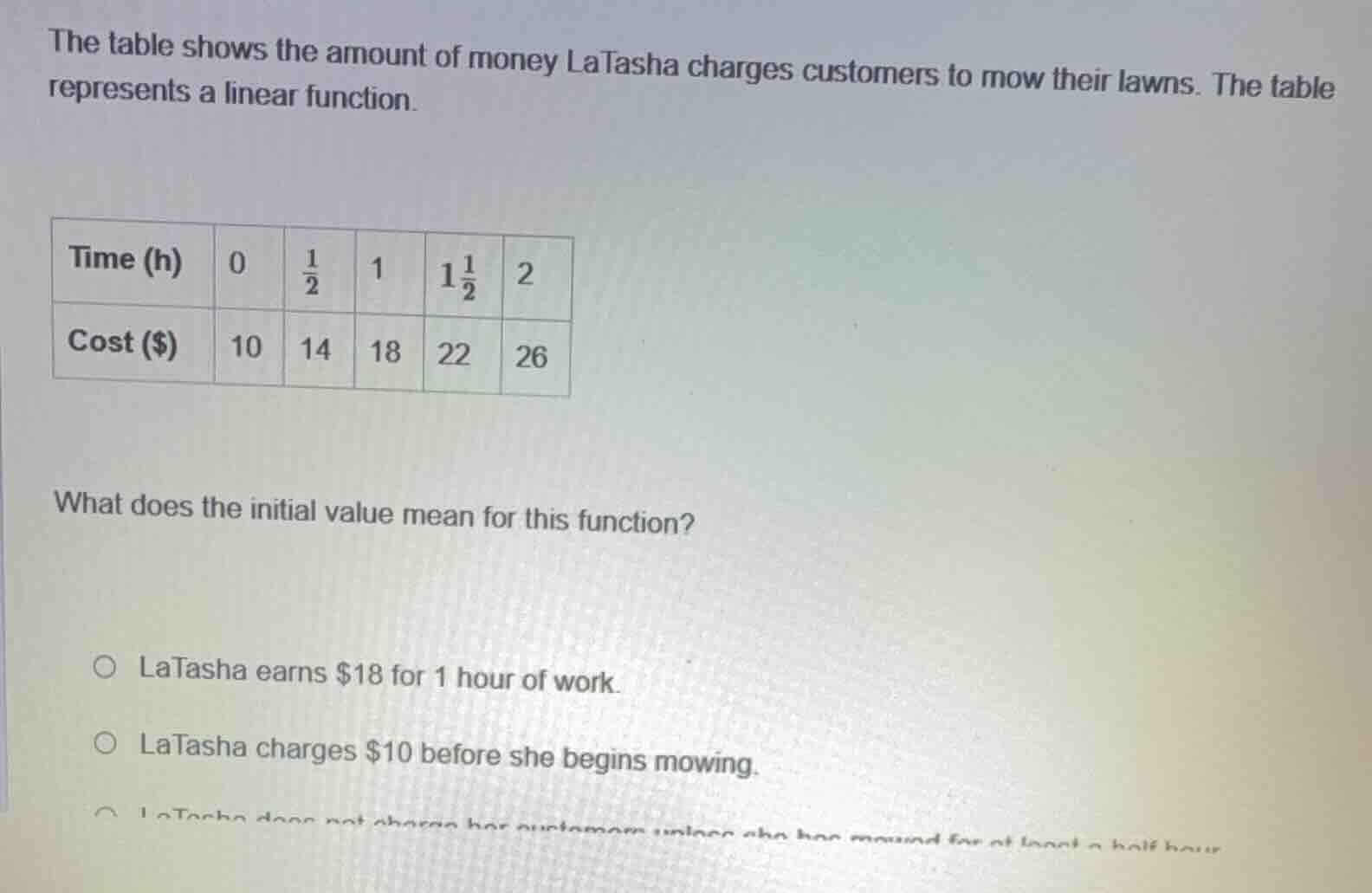 the table shows the amount of money latasha charges customers to mow th…