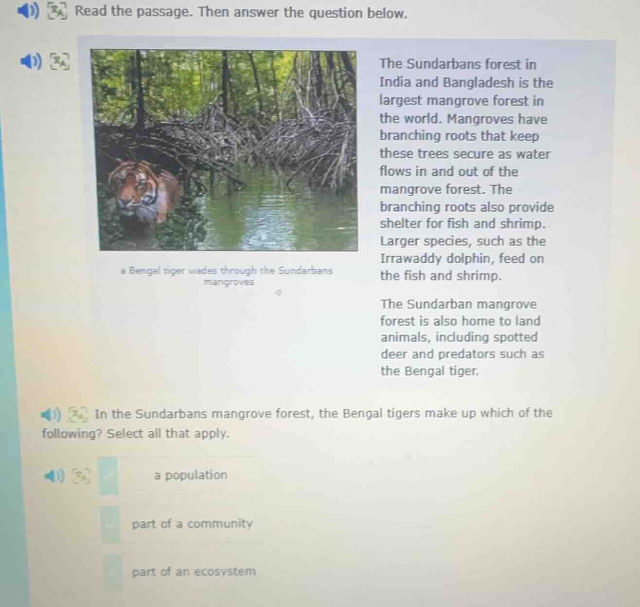 read the passage. then answer the question below. image: a bengal tiger…