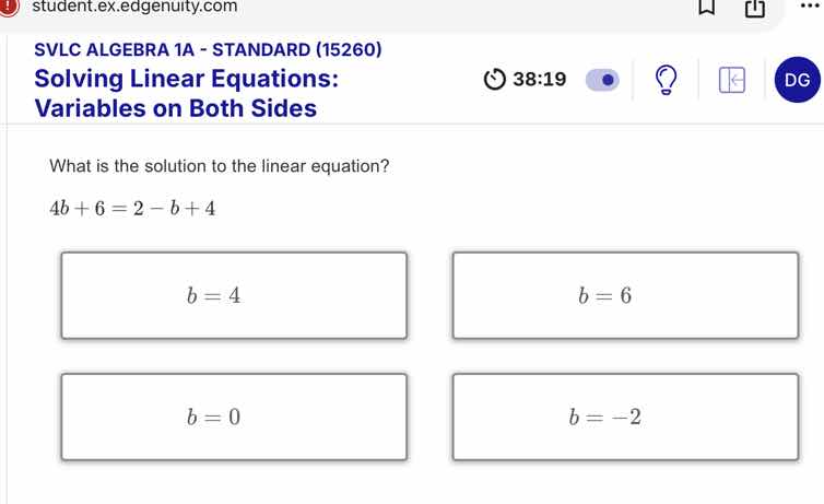 what is the solution to the linear equation? $4b + 6 = 2 - b + 4$ optio…