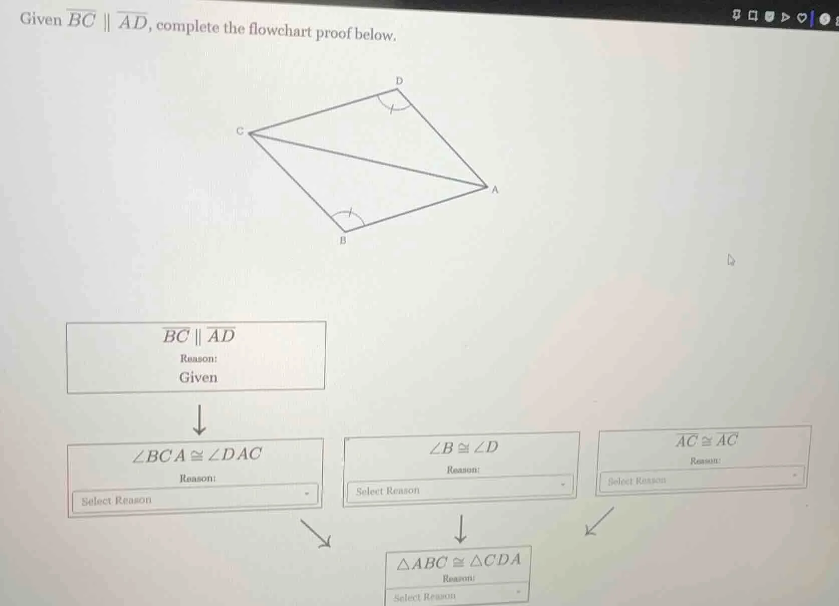 given \\(\\overline{bc} \\parallel \\overline{ad}\\), complete the flow…