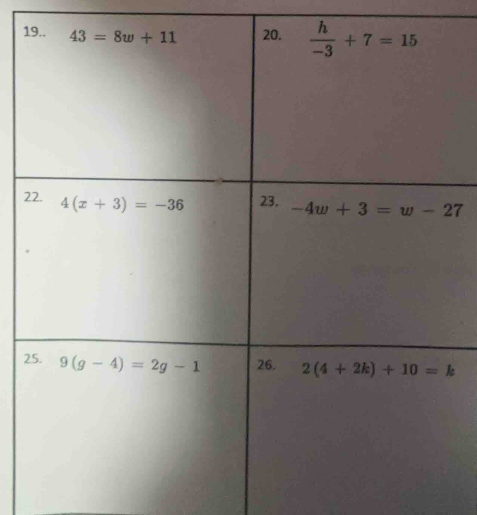 19.. 43 = 8w + 11 20. \\(\\frac{h}{-3} + 7 = 15\\) 22. 4(x + 3) = -36 2…