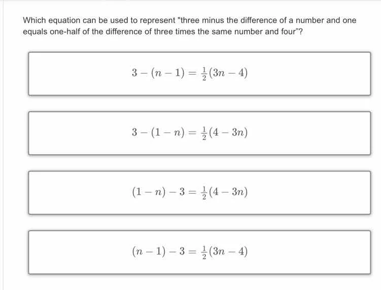 which equation can be used to represent \three minus the difference of …