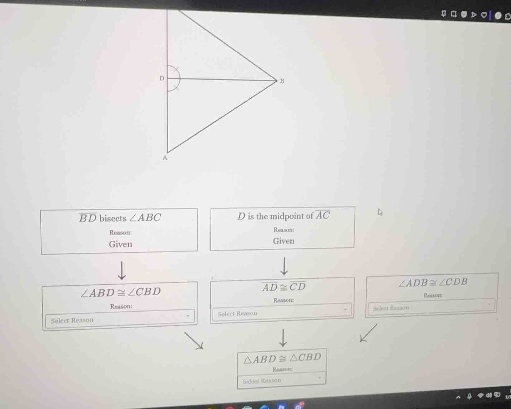 $\\overline{bd}$ bisects $\\angle abc$ reason: given $d$ is the midpoin…