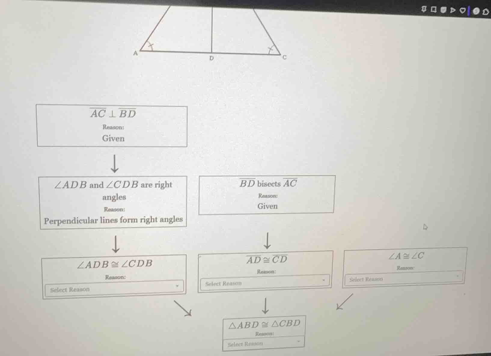 ac ⊥ bd reason: given ∠adb and ∠cdb are right angles reason: perpendicu…