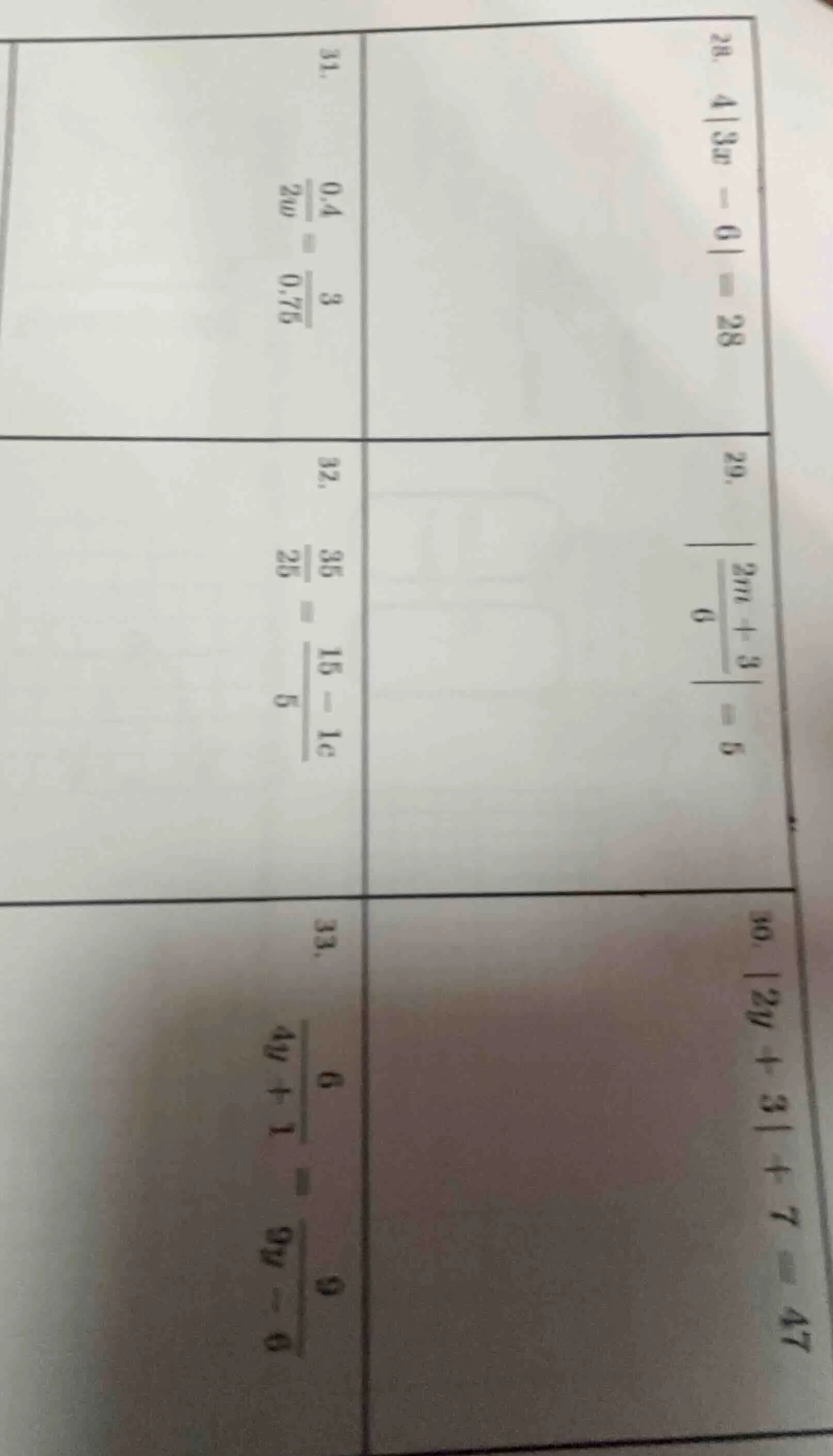 28. $4|3x - 6| = 28$ 29. $left|\frac{2m + 3}{6} ight| = 5$ 30. $|2v + 3…
