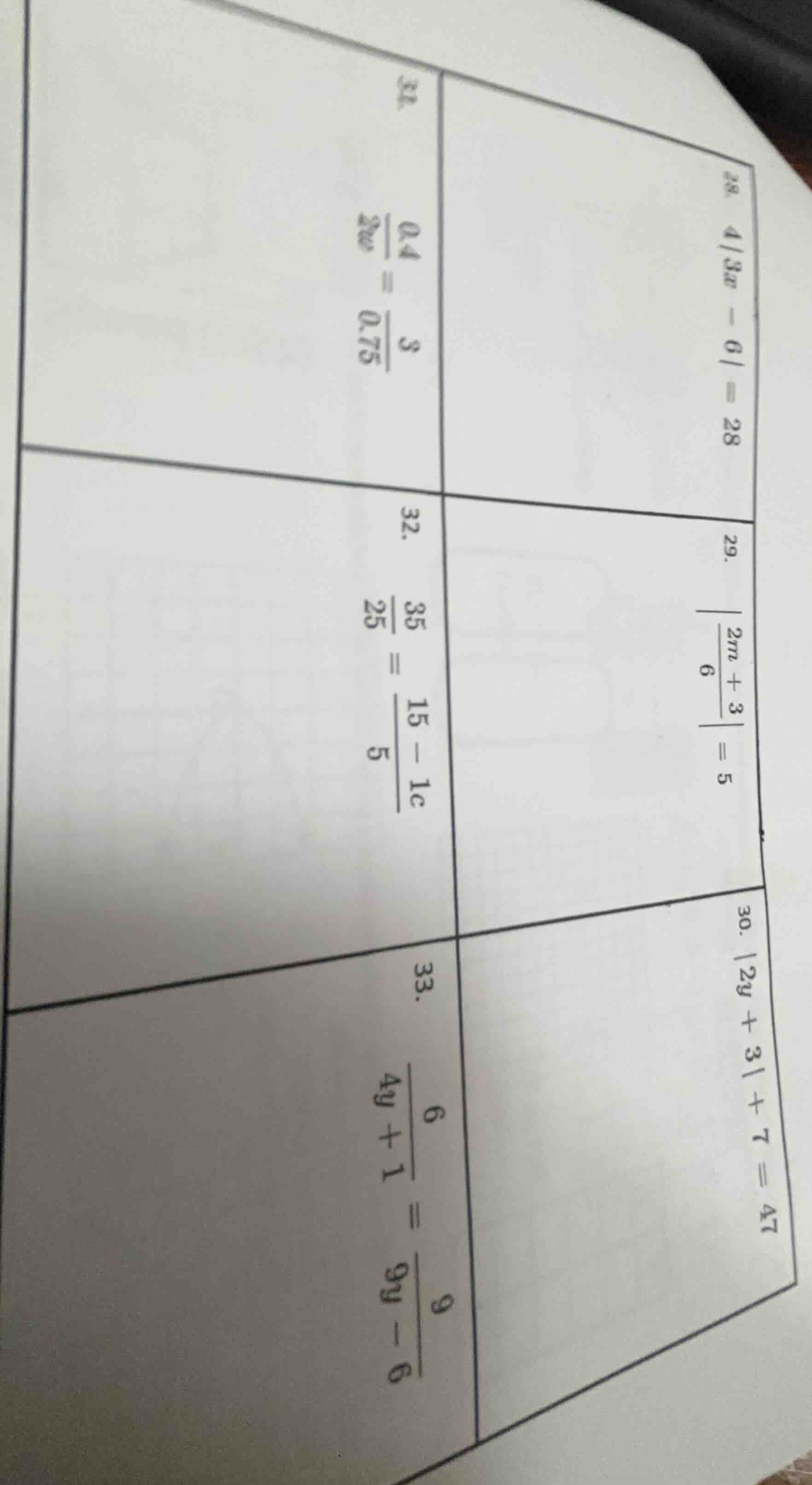 28. $|\\frac{3x}{4} - 6| = 28$ 29. $|\\frac{2m + 3}{6}| = 5$ 30. $|2y +…