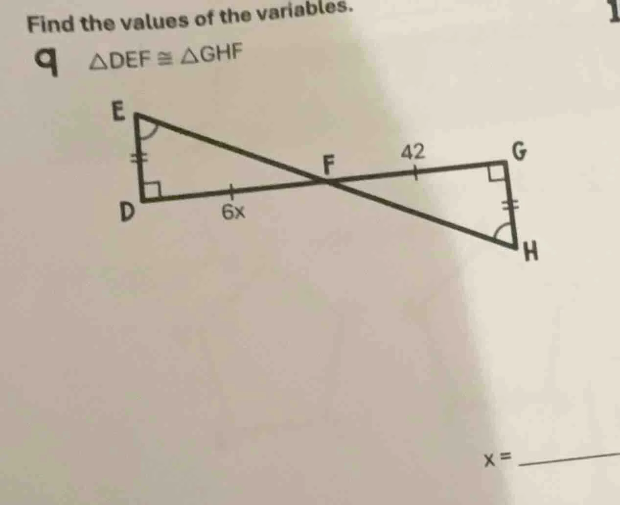 find the values of the variables. 9 △def ≅ △ghf (image of two right tri…