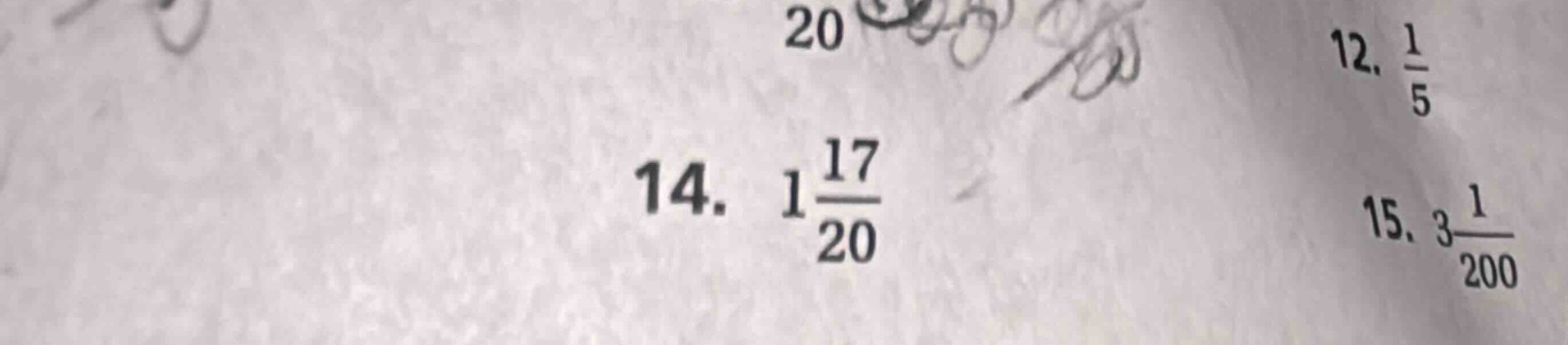14. $1\\frac{17}{20}$ 12. $\\frac{1}{5}$ 15. $3\\frac{1}{200}$