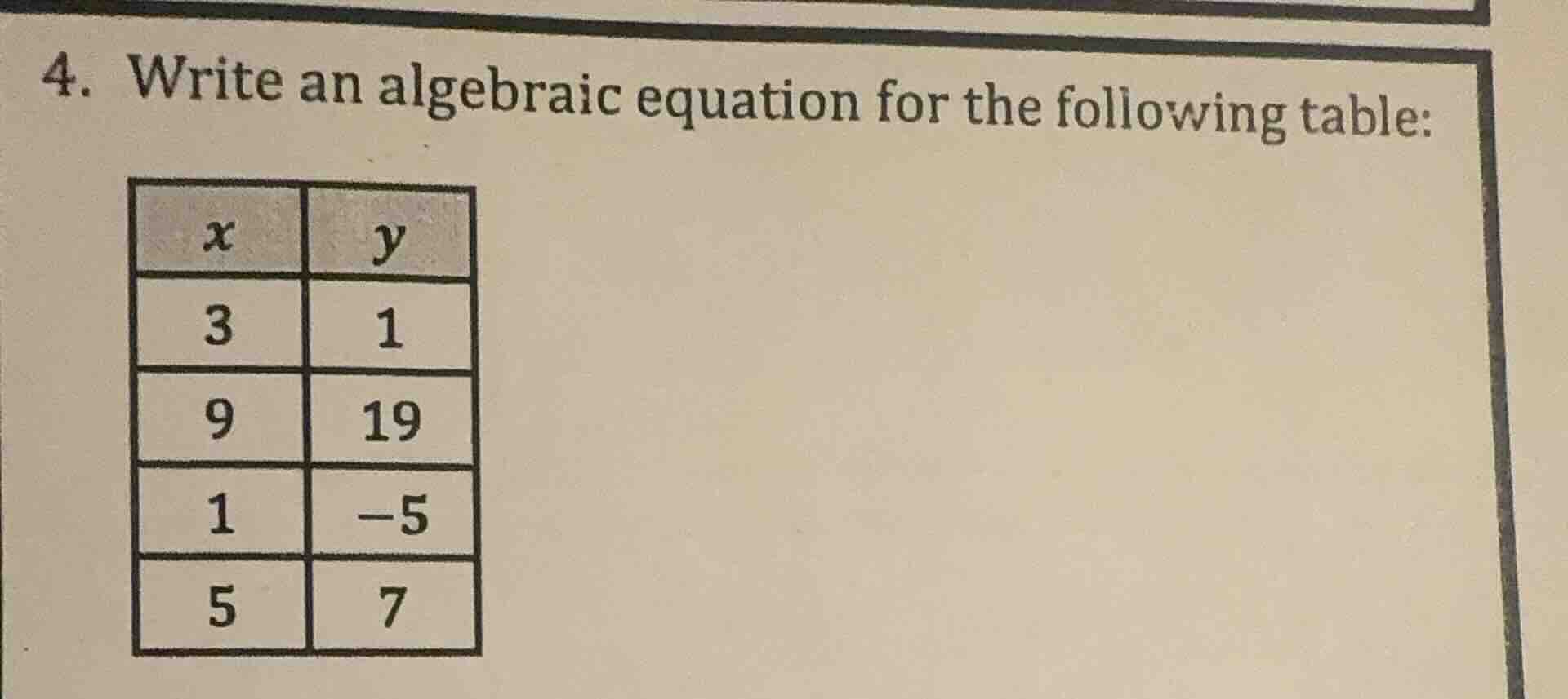 4. write an algebraic equation for the following table: | x | y | | 3 |…