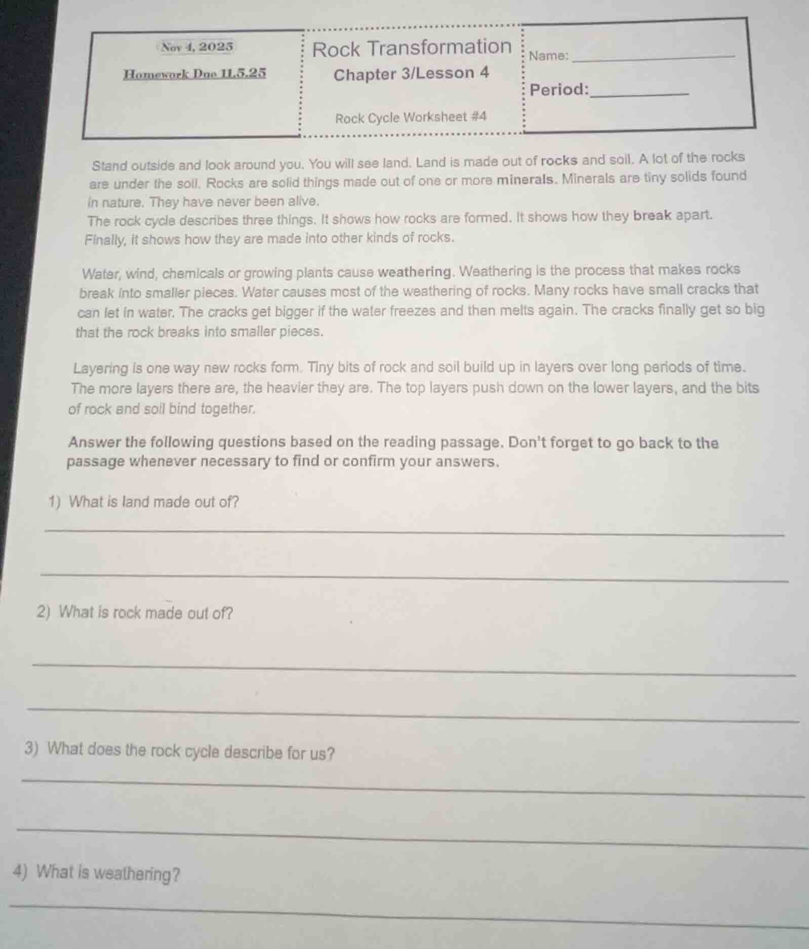 nov 1, 2025 homework due 11.5.25 rock transformation chapter 3/lesson 4…