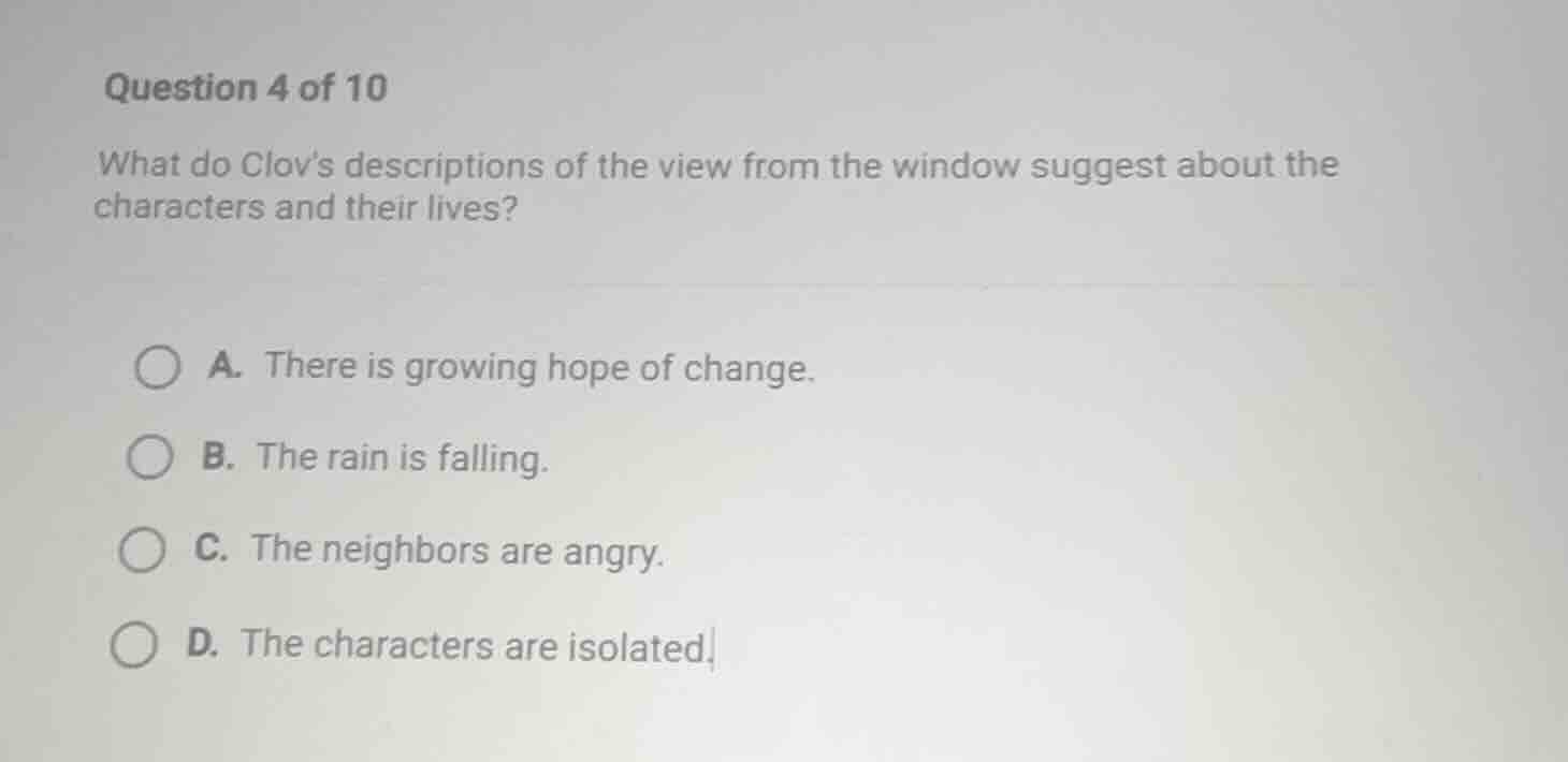 question 4 of 10 what do clovs descriptions of the view from the window…