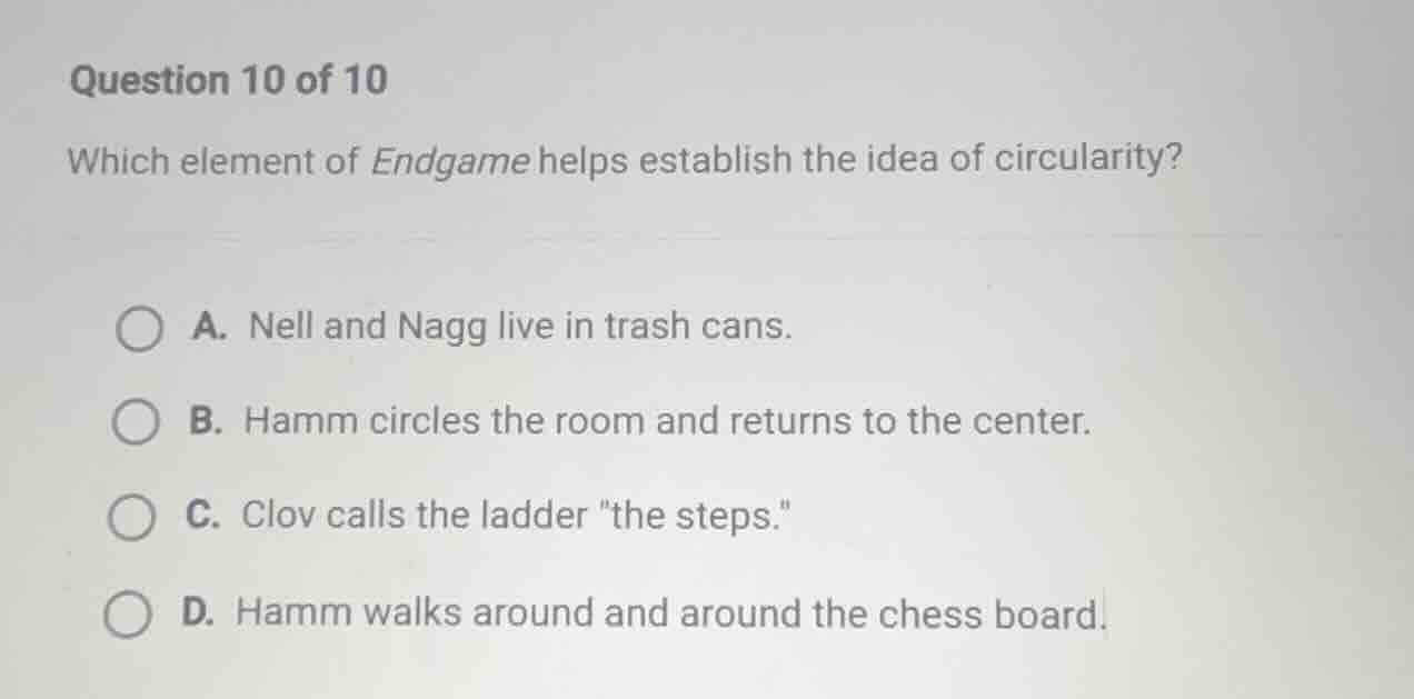 question 10 of 10 which element of endgame helps establish the idea of …