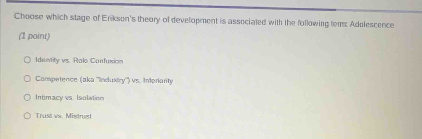 choose which stage of eriksons theory of development is associated with…