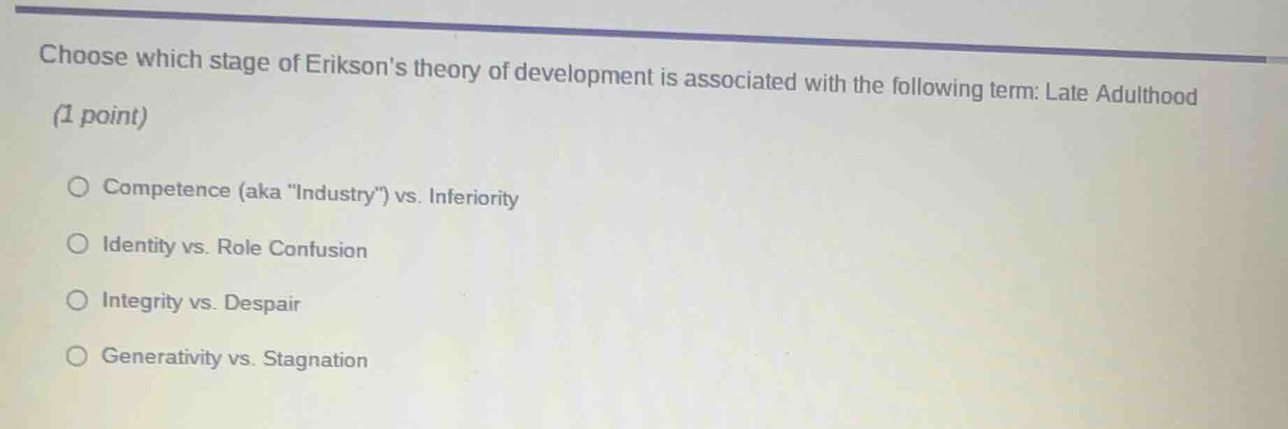 choose which stage of eriksons theory of development is associated with…